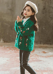 Cute Green V Neck Button Patchwork Knit Girls Cardigans Fall