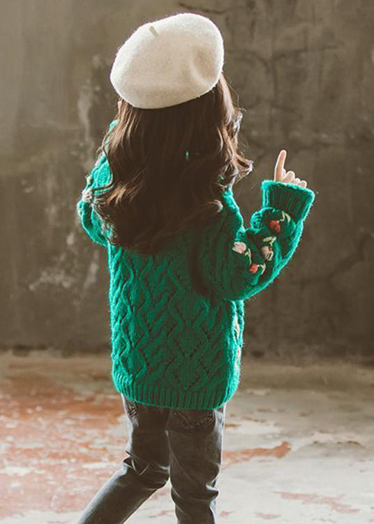 Cute Green V Neck Button Patchwork Knit Girls Cardigans Fall