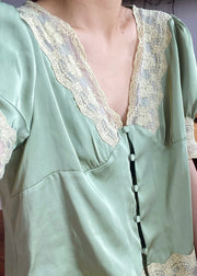 Cute Green V Neck Lace Patchwork Ice Silk Pajamas Two Piece Set Summer