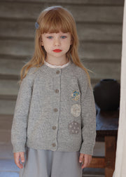 Cute Grey O-Neck Patchwork Cotton Knit Kids Cardigans Spring