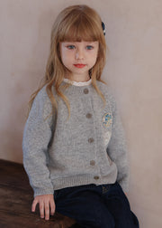 Cute Grey O-Neck Patchwork Cotton Knit Kids Cardigans Spring