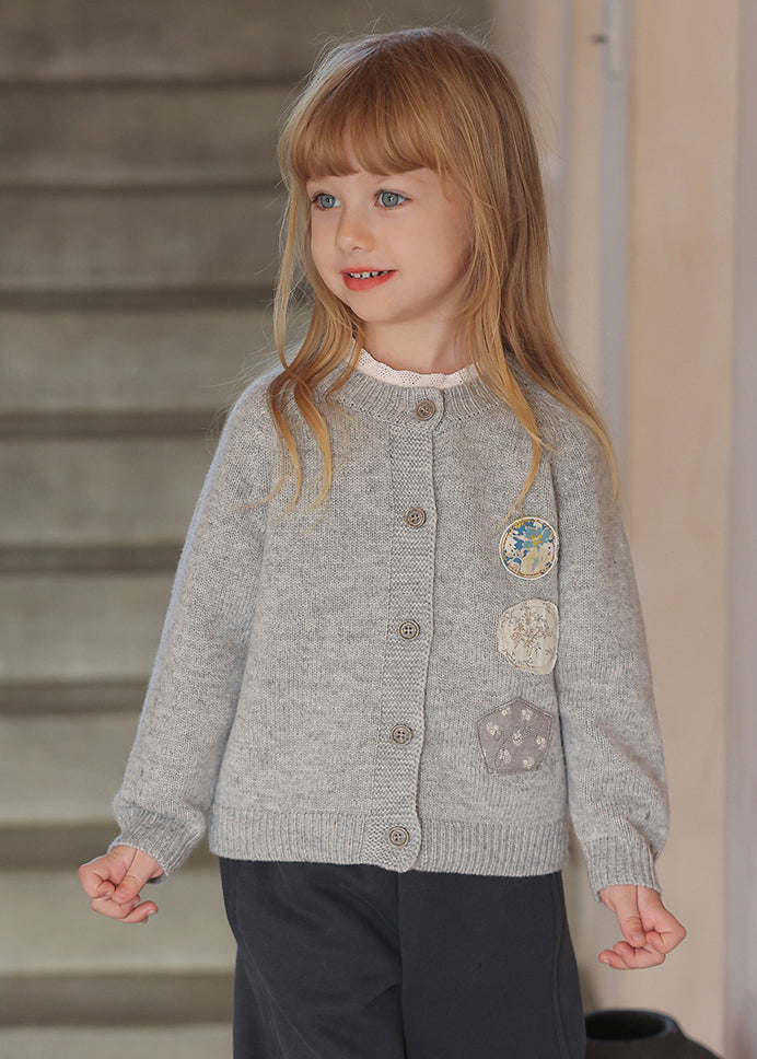 Cute Grey O-Neck Patchwork Cotton Knit Kids Cardigans Spring