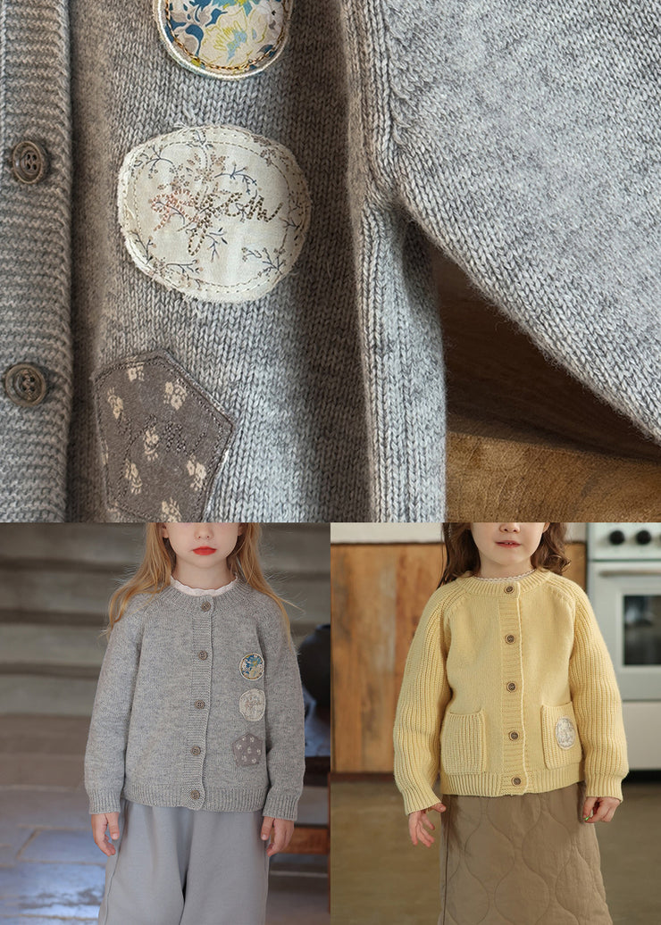 Cute Grey O-Neck Patchwork Cotton Knit Kids Cardigans Spring