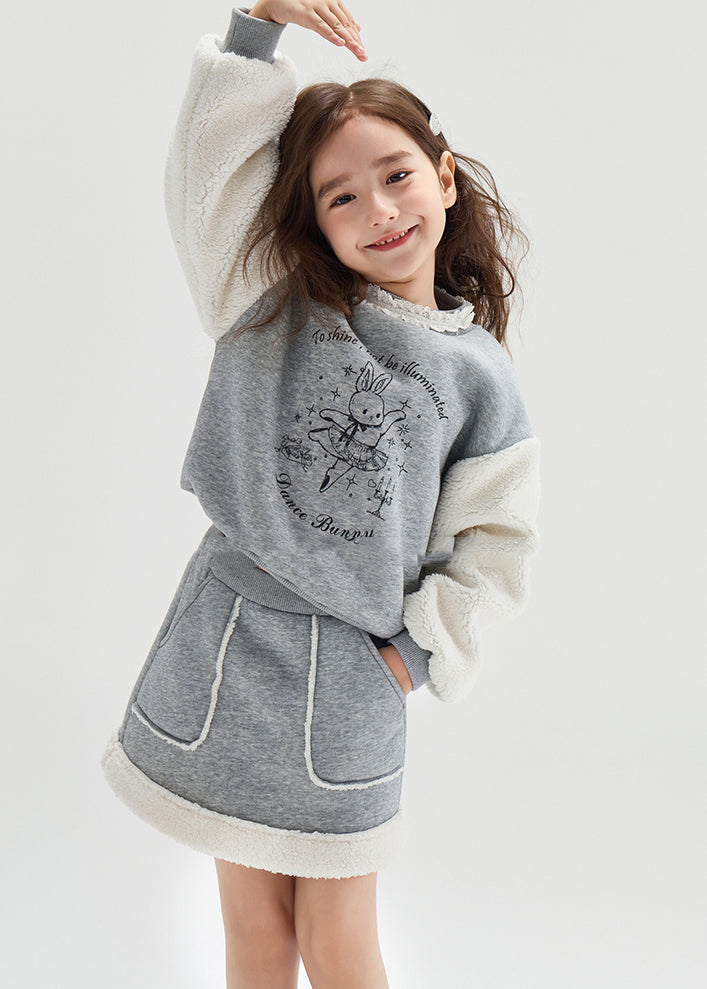 Cute Grey O-Neck Print Patchwork Warm Girls Sweatshirt And Skirts Two Pieces Set Winter