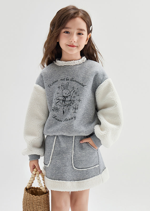 Cute Grey O-Neck Print Patchwork Warm Girls Sweatshirt And Skirts Two Pieces Set Winter