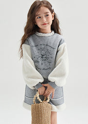 Cute Grey O-Neck Print Patchwork Warm Girls Sweatshirt And Skirts Two Pieces Set Winter