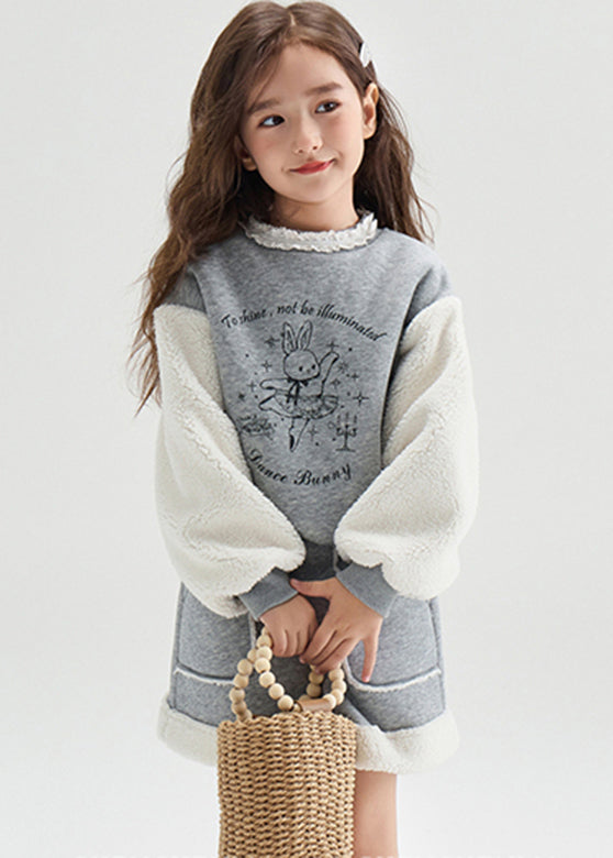 Cute Grey O-Neck Print Patchwork Warm Girls Sweatshirt And Skirts Two Pieces Set Winter