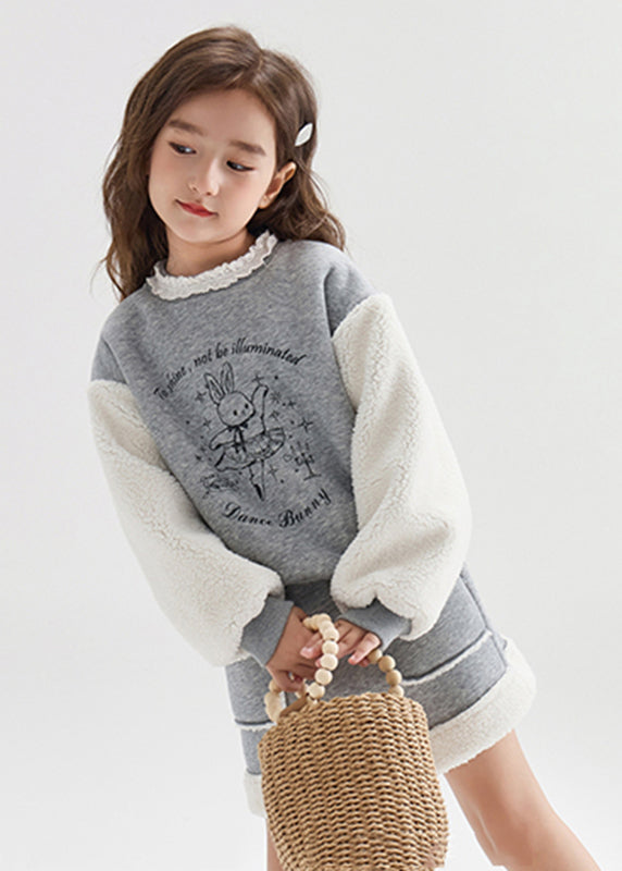 Cute Grey O-Neck Print Patchwork Warm Girls Sweatshirt And Skirts Two Pieces Set Winter