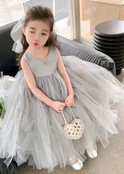 Cute Grey O Neck Wrinkled Patchwork Tulle Baby Girls Party Dress Sleeveless