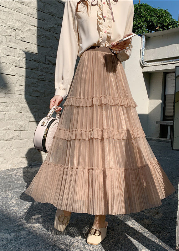 Cute Khaki High Waist Wrinkled Tulle Cake Skirt Spring