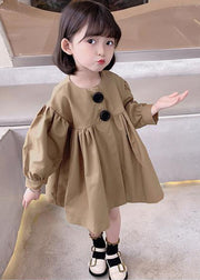 Cute Khaki O-Neck Patchwork Kids Mid Dresses Fall