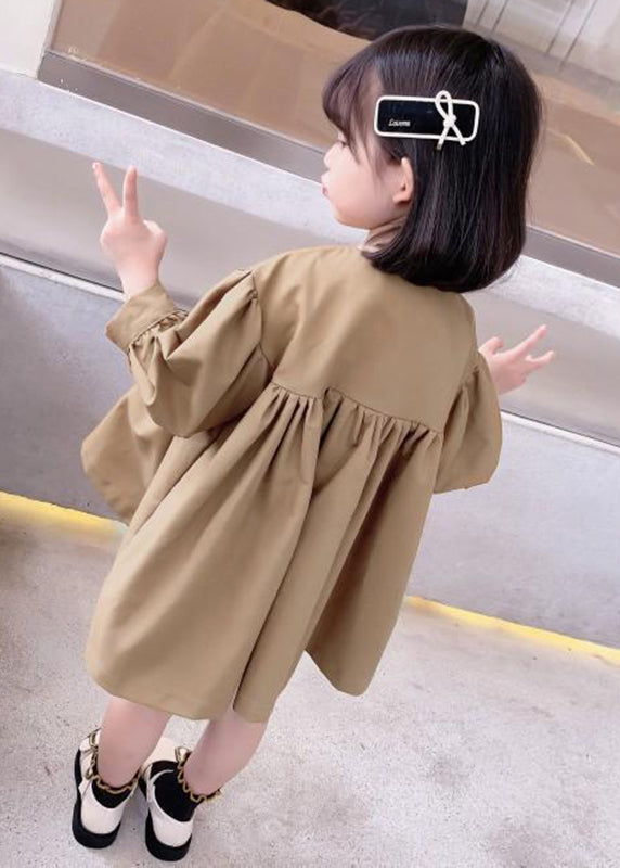 Cute Khaki O-Neck Patchwork Kids Mid Dresses Fall