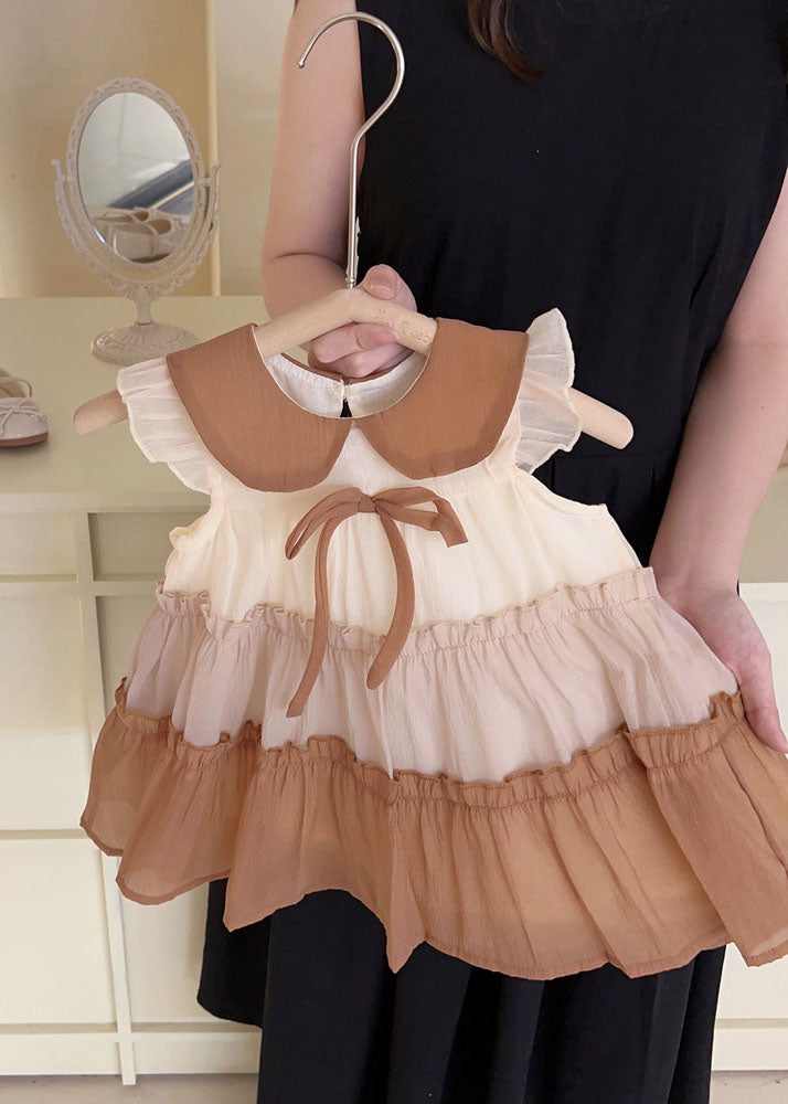 Cute Khaki Peter Pan Collar Ruffled Chiffon Kids Girls Dress Summer