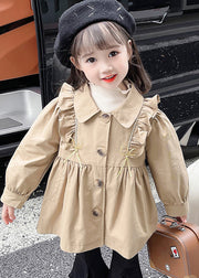 Cute Khaki Peter Pan Collar Wrinkled Button Girls Trench Coat Fall