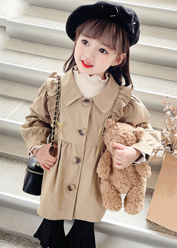 Cute Khaki Peter Pan Collar Wrinkled Button Girls Trench Coat Fall