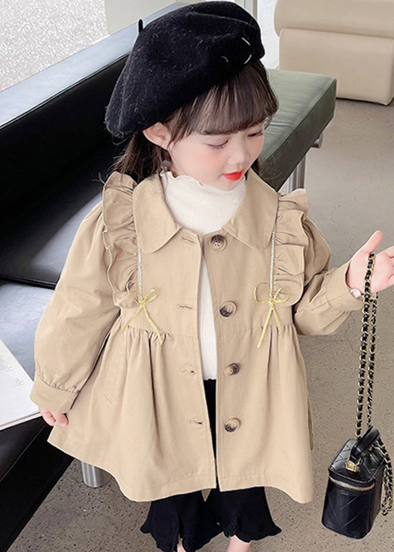 Cute Khaki Peter Pan Collar Wrinkled Button Girls Trench Coat Fall