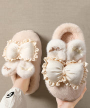 Cute Khaki Slippers Shoes Splicing Bow Fuzzy Wool Lined