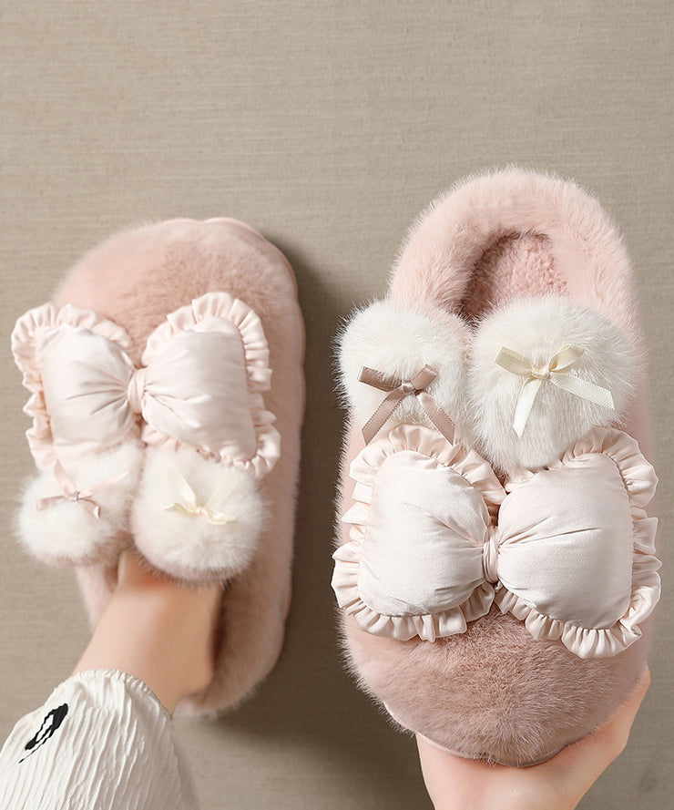 Cute Khaki Slippers Shoes Splicing Bow Fuzzy Wool Lined