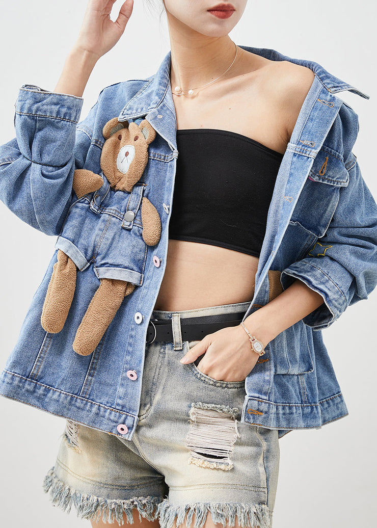 Cute Light Blue Bear Oversized Denim Coats Spring