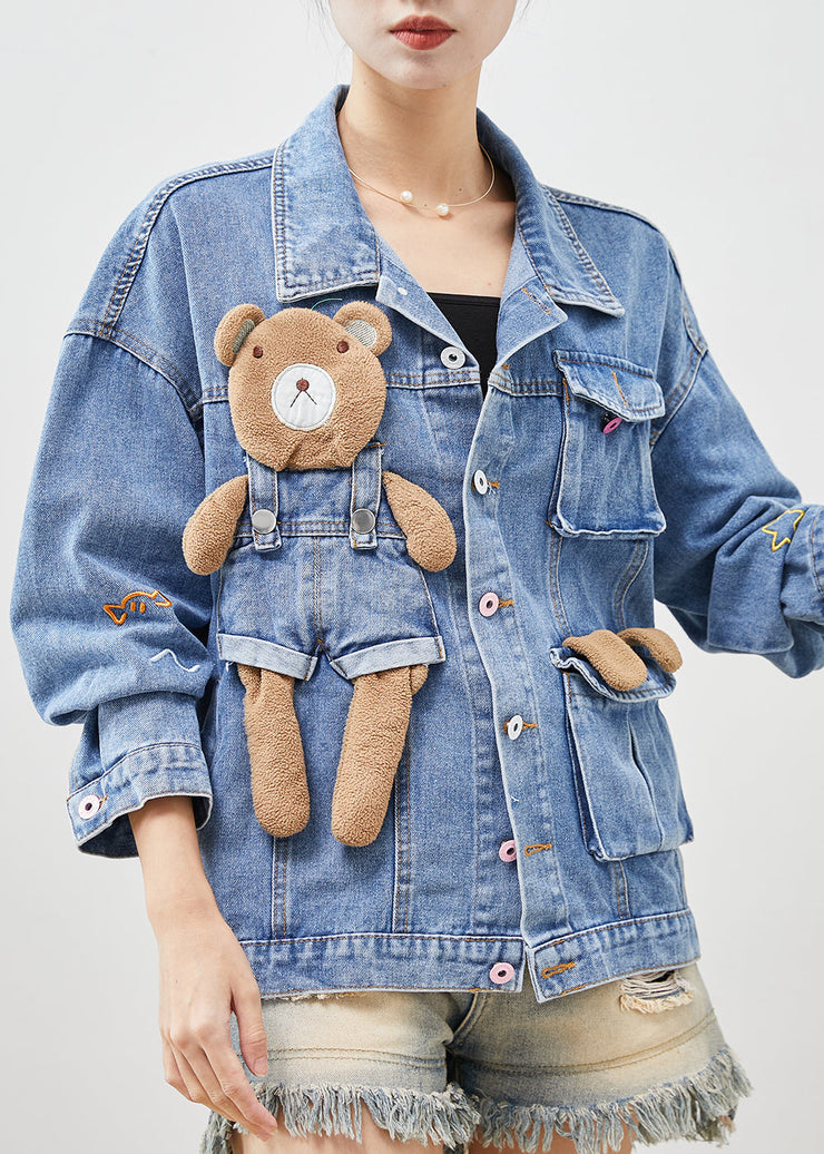 Cute Light Blue Bear Oversized Denim Coats Spring