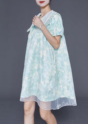 Cute Light Blue Bow Collar Print Tulle A Line Dress Summer