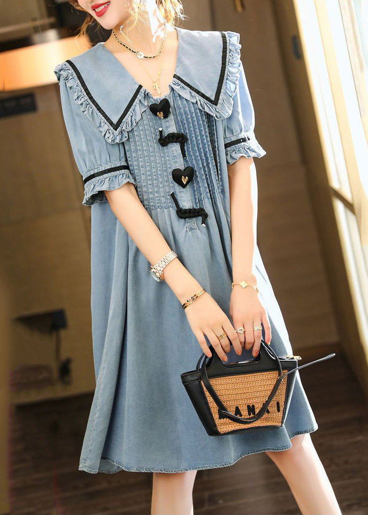 Cute Light Blue Peter Pan Collar Wrinkled Cotton Denim Dress Summer