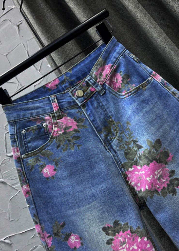 Cute Light Blue Print High Waist Straight Jeans Summer