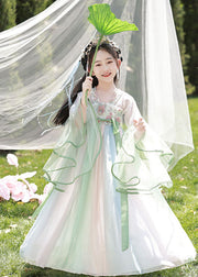 Cute Light Green Embroideried Chiffon Kids Long Dresses Spring