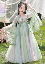 Cute Light Green Embroideried Chiffon Kids Long Dresses Spring