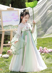 Cute Light Green Embroideried Chiffon Kids Long Dresses Spring