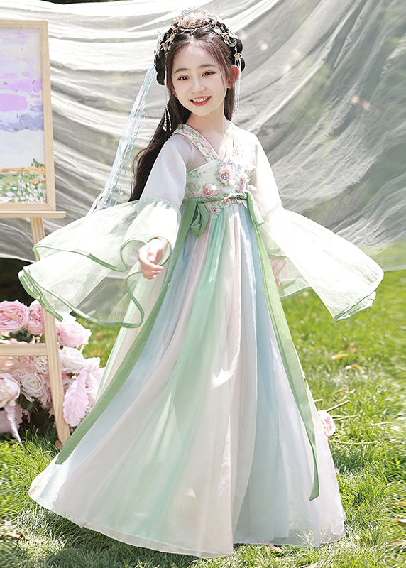 Cute Light Green Embroideried Chiffon Kids Long Dresses Spring