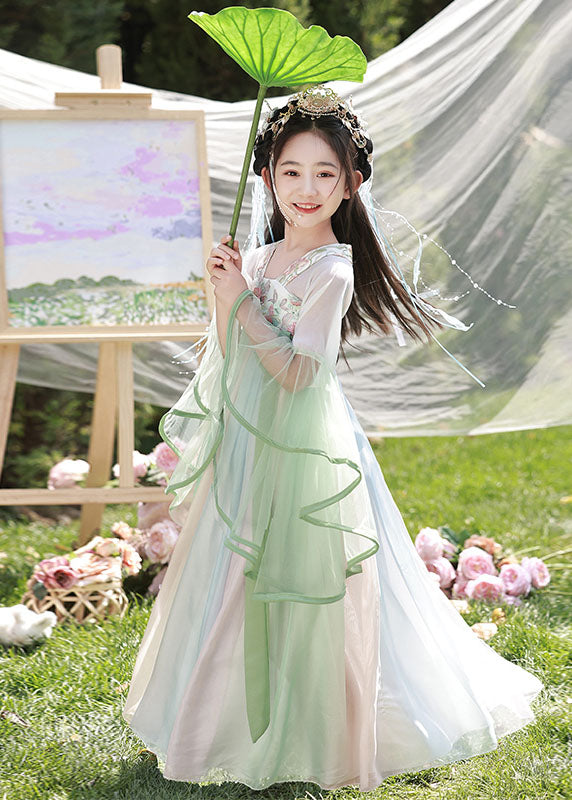 Cute Light Green Embroideried Chiffon Kids Long Dresses Spring