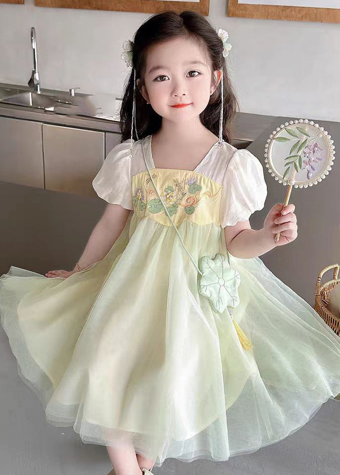 Cute Light Green Square Collar Patchwork Tulle Kids Long Dresses Short Sleeve