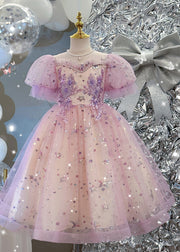 Cute Light Purple Nail Bead Star Tulle Girls Holiday Long Dress Summer