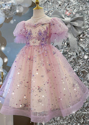 Cute Light Purple Nail Bead Star Tulle Girls Holiday Long Dress Summer