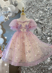 Cute Light Purple Nail Bead Star Tulle Girls Holiday Long Dress Summer