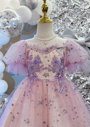 Cute Light Purple Nail Bead Star Tulle Girls Holiday Long Dress Summer