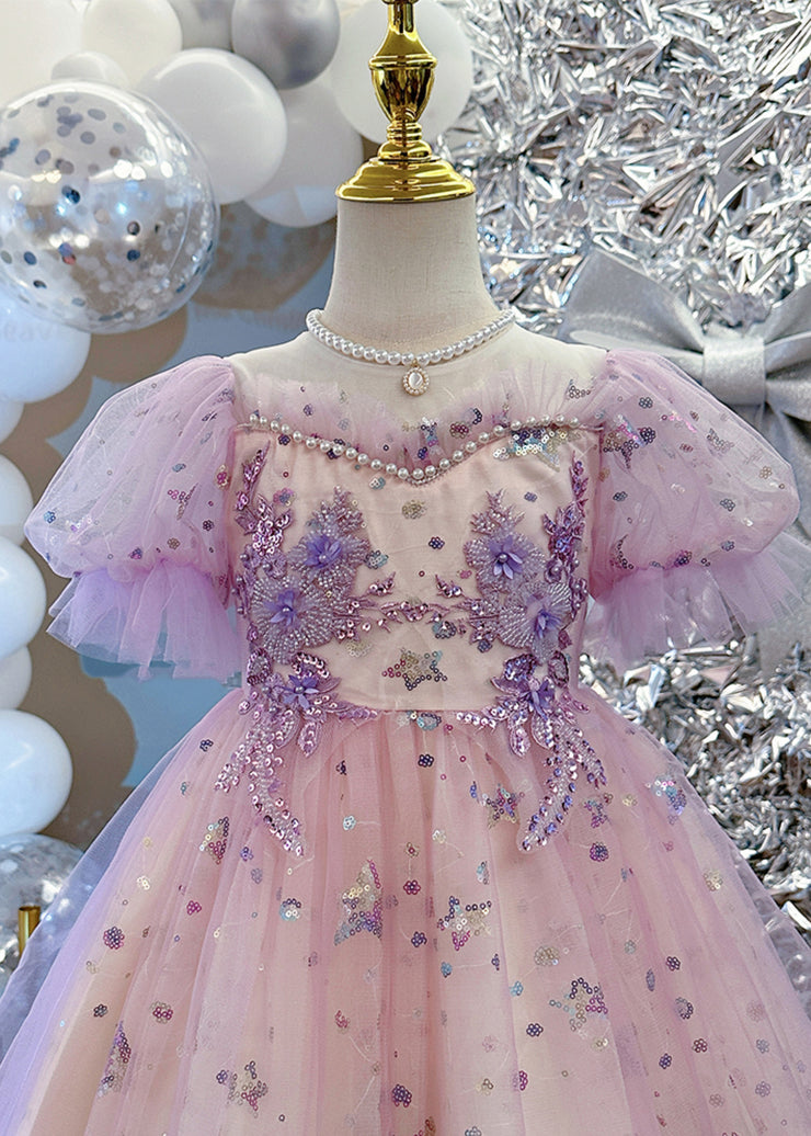 Cute Light Purple Nail Bead Star Tulle Girls Holiday Long Dress Summer