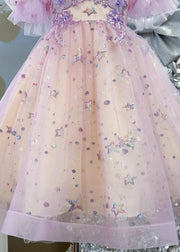 Cute Light Purple Nail Bead Star Tulle Girls Holiday Long Dress Summer