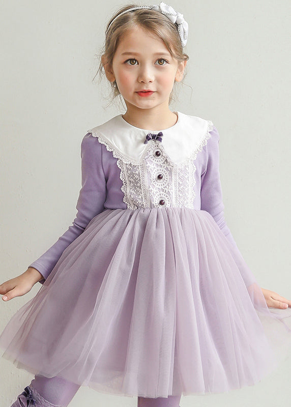 Cute Light Purple O-Neck Patchwork Tulle Girls Mid Dresses Spring