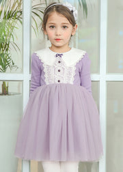 Cute Light Purple O-Neck Patchwork Tulle Girls Mid Dresses Spring