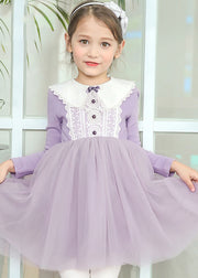 Cute Light Purple O-Neck Patchwork Tulle Girls Mid Dresses Spring