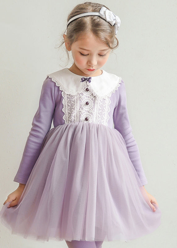 Cute Light Purple O-Neck Patchwork Tulle Girls Mid Dresses Spring