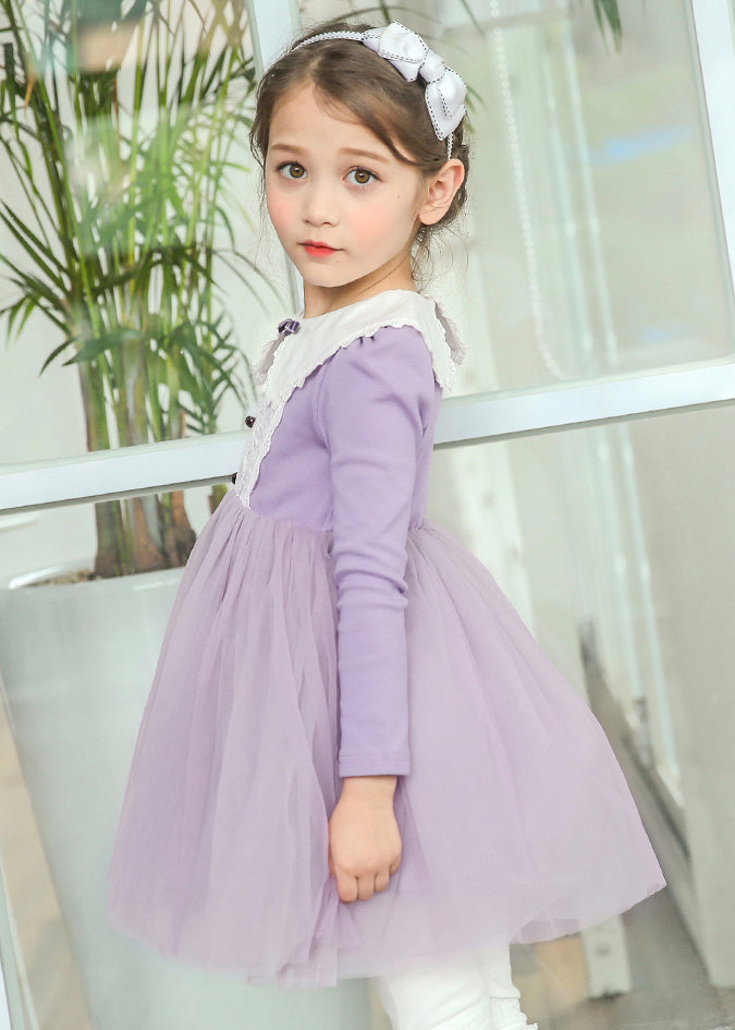 Cute Light Purple O-Neck Patchwork Tulle Girls Mid Dresses Spring