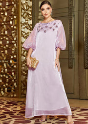 Cute Light Purple O-Neck Zircon Tulle Holiday Long Dress Lantern Sleeve