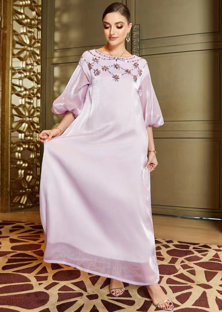 Cute Light Purple O-Neck Zircon Tulle Holiday Long Dress Lantern Sleeve