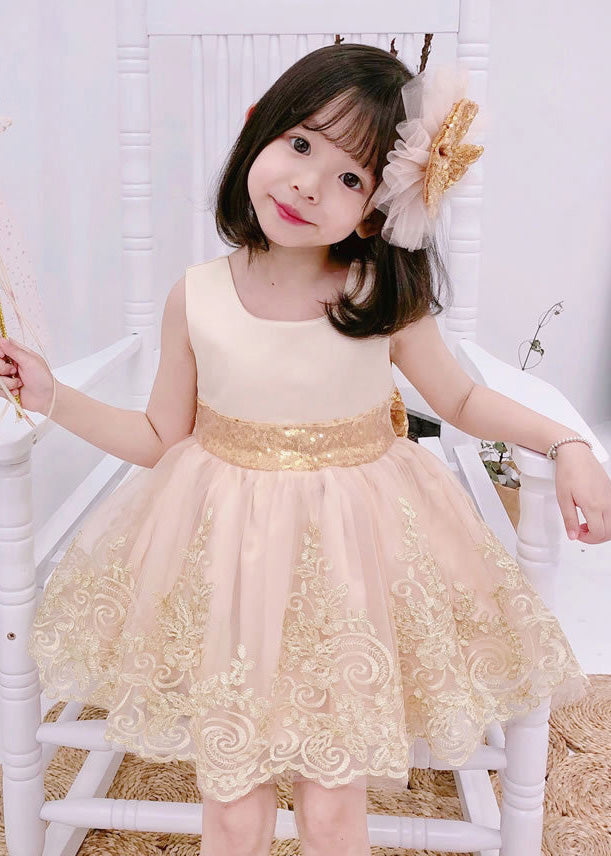 Cute Lotus Root Powder Color Square Collar Lace Patchwork Kids Maxi Dress Summer