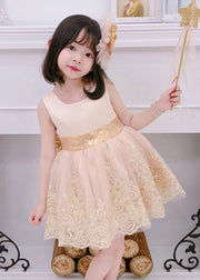 Cute Lotus Root Powder Color Square Collar Lace Patchwork Kids Maxi Dress Summer