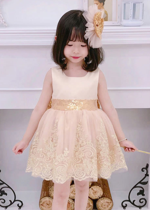 Cute Lotus Root Powder Color Square Collar Lace Patchwork Kids Maxi Dress Summer