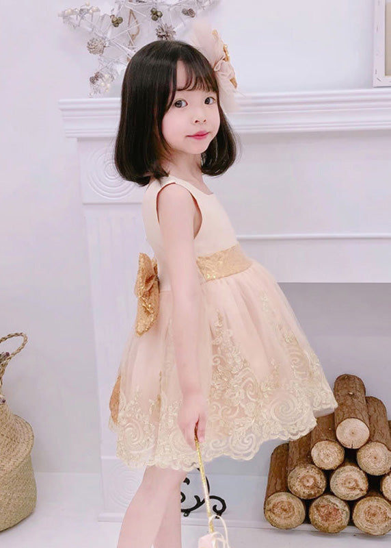 Cute Lotus Root Powder Color Square Collar Lace Patchwork Kids Maxi Dress Summer